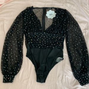 Sequined stretchy mesh bodysuit in black Size MEDIUM